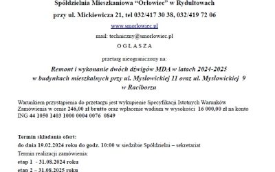 Przetarg na remont i wykonanie dwóch dźwigów MDA w latach 2024-2025 na ADM Racibórz