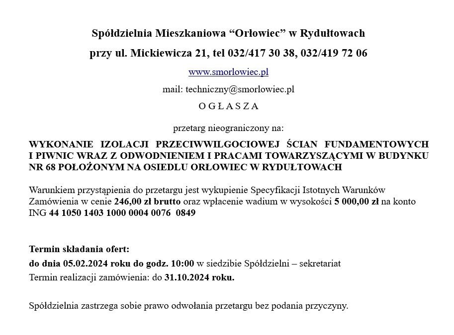 Przetarg na wykonanie izolacji przeciwwilgociowej